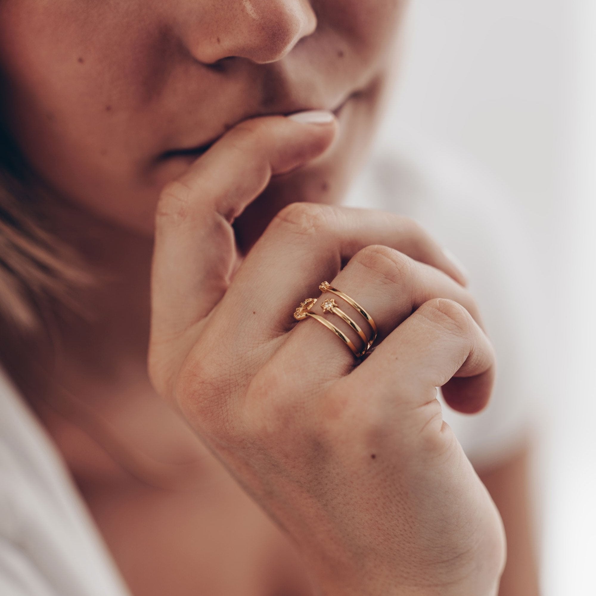 Gold Mond Sternen Doppelring • 925 Sterling Silber Offener Ring • Verstellbarer Ring